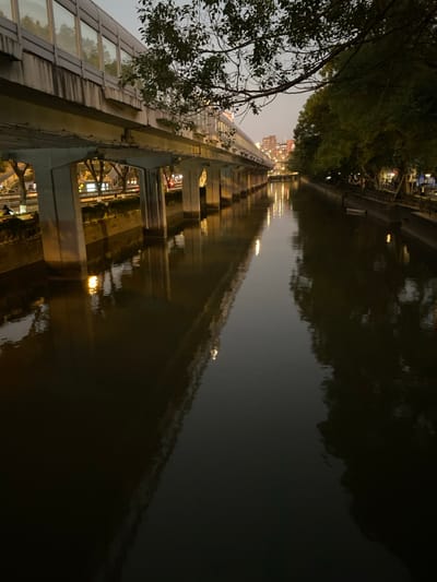 The image captures a serene nighttime or late dusk scene along a wide urban waterway, consistent with a river or canal in Guang Zhou Shi, China. A substantial bridge or elevated structure runs along the left bank, supported by numerous robust concrete pillars and featuring sections that appear to have windowed or paneled sides.

On the opposing bank, a line of dark-foliaged trees fringes the water, beyond which the faint forms of distant city buildings rise against a muted, overcast sky. These buildings are dotted with numerous small, bright artificial lights. The still surface of the dark water beautifully reflects the artificial lights from both the bridge and the distant city, creating shimmering, elongated streaks of yellow and orange, along with inverted reflections of the bridge's concrete supports.

No people are visible in the frame, and there is no specific activity taking place; the scene portrays a tranquil urban landscape. The overall lighting is dim, relying heavily on the scattered artificial lights for illumination, which enhance the reflective quality of the water. No visible text is discernible in the image.