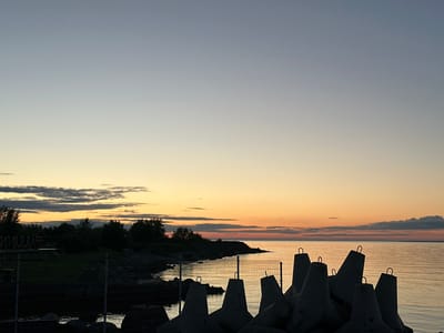The image depicts a tranquil coastal scene at dusk, likely in Tallinn, Estonia, given the characteristic concrete tetrapods used for coastal defense. The sky is a gradient of soft blues and pale yellows, transitioning to a warmer orange hue near the horizon where the sun has recently set. Silhouetted against this twilight sky are dark green trees and shrubs lining the coastline. In the foreground, a series of large, grey concrete tetrapods are clustered, their geometric shapes casting dark shadows. A wire mesh fence separates the tetrapods from the water's edge, where calm, reflective water laps against rocky shores. In the distance, the calm sea stretches out to meet the horizon, with a few wispy clouds visible in the sky. The overall impression is one of serene natural beauty and human engineering coexisting.