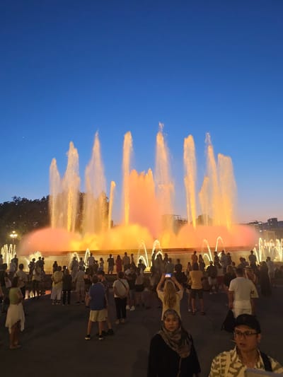 The image depicts a crowd of people gathered in front of a large, illuminated fountain. The fountain is spraying water that is lit with warm, orange and yellow hues, creating a dramatic visual effect against the deep blue twilight sky. The water jets appear to be in motion, some forming tall plumes and others creating a more diffused mist.

The crowd is spread out along the edge of the fountain area, with individuals and small groups standing, watching the display. Many people are looking towards the fountain, with some holding up their phones to take pictures or videos. There's a sense of shared experience and engagement with the fountain show.

The setting appears to be an outdoor public space, possibly a plaza or promenade, given the presence of trees in the background and the paved ground. The time of day is clearly evening or dusk, as indicated by the twilight sky and the artificial lighting of the fountain. The weather seems pleasant, with no rain or strong winds evident.

Notable details include the variety of clothing worn by the people, suggesting a casual, relaxed atmosphere. Some individuals are more prominently featured in the foreground, with one woman in a hijab looking towards the camera and another person wearing glasses. The overall mood seems to be one of wonder and enjoyment of the spectacle.

No visible text is present in the image. The scene evokes the atmosphere of a public event or performance, likely a well-known fountain show in a city like Barcelona, Spain, known for its impressive public art and light displays.