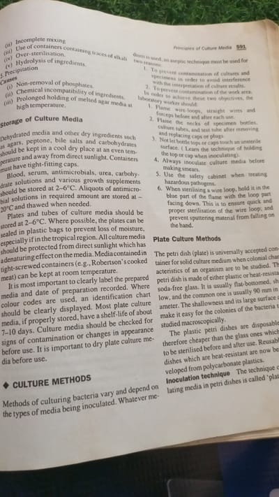 The image displays a page from a textbook or scientific document detailing principles of culture media and methods. The text is organized into sections with headings like "Principles of Culture Media," "Storage of Culture Media," and "Culture Methods," and "Plate Culture Methods." The content discusses issues like incomplete mixing, over-sterilization, and hydrolysis of ingredients, as well as proper storage of dehydrated media, blood, serum, and antimicrobial solutions. It also covers the preparation and storage of plates and tubes of culture media, emphasizing labeling and shelf-life. A subsection on "Culture Methods" begins to describe various techniques for culturing bacteria. The page exhibits typical printing and paper texture.
There is no information in the image to suggest it is located in Jalingo, Nigeria, or any other specific geographical location.