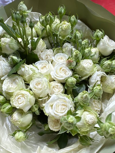The image presents a close-up, top-down view of a fresh bouquet composed predominantly of white roses and numerous green rosebuds. The flowers are densely packed, filling the majority of the frame. Many of the roses are in various stages of bloom, from fully open blossoms with intricate white petals to partially opened ones where a faint greenish tint is visible on the outer petals. Abundant, tightly closed green rosebuds are scattered throughout the arrangement, indicating the bouquet's freshness and future blooms.

The bouquet is encased in two distinct wrapping materials: a darker, opaque olive-green material on the left side, and a lighter, crinkled, possibly translucent or iridescent white tissue paper on the right, which adds texture and softness to the composition. The lighting appears bright and natural, accentuating the delicate textures of the petals and the folds in the wrapping. No specific activity is taking place; it is a still life depiction of a floral arrangement. There is no visible text in the image. The scene is set in Yerevan, Armenia.