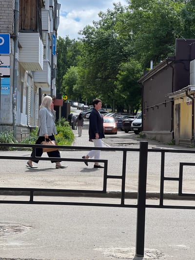 In Izhevsk, Russia, on a sunny day, two women are crossing a paved street near a building with a brown facade. The woman on the left, with blonde hair, wears a grey blazer, dark trousers, and is carrying a light brown handbag. The woman on the right, with dark hair, is dressed in a dark blazer and white trousers. In the background, several cars are parked along the street, and lush green trees line the area. Buildings with balconies and signs are visible on the left side of the image. A black metal fence runs across the foreground, partially obscuring the view of the street and pavement.