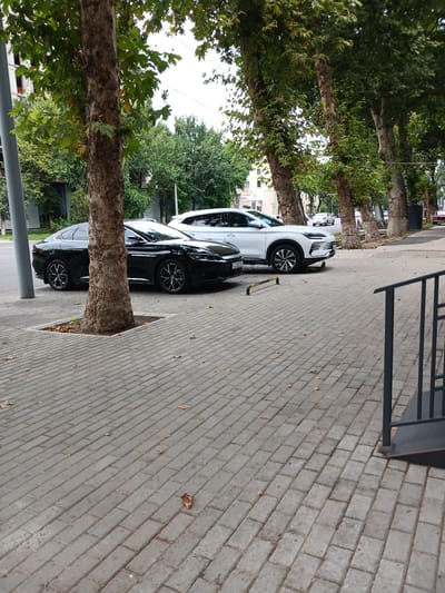 The image shows a street scene in Tashkent, Uzbekistan. Two cars are parked on the side of the road, a black sedan and a white SUV. The cars are parked on a paved sidewalk with trees lining the street. In the background, there are buildings and more trees. The sky is overcast. There are no people visible in the image.