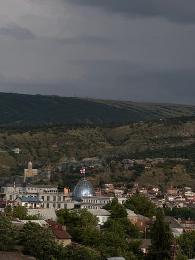 The image captures a wide view of Tbilisi, Georgia, focusing on the Presidential Palace with its distinctive glass dome. The palace is situated in the lower-middle section of the frame, adorned with the Georgian flag fluttering at its peak. Behind the palace, the iconic Sameba Cathedral (Holy Trinity Cathedral) is visible, its golden dome contrasting with the overcast sky. The cityscape unfolds across the rolling hills, characterized by a mix of traditional architecture with red-tiled roofs and more modern buildings. Dense green trees and vegetation populate the hillsides, interspersed with scattered houses and structures. The background is dominated by a dramatic, dark, cloudy sky, hinting at approaching weather. The overall scene is one of urban landscape nestled within a natural, hilly terrain.