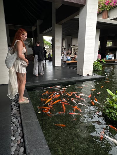 The image depicts a partially obscured view of a koi pond located in Nusa Dua, Indonesia. A woman with red hair, wearing a light-colored dress and slippers, stands beside the pond, holding a small silver purse. Other people are seen in the background walking through a building that is adjacent to the pond. The pond contains numerous orange and white koi fish. The edge of the pond is lined with smooth, gray pebbles. The environment includes architecture with dark and light pillars. The photograph is taken from a low angle.