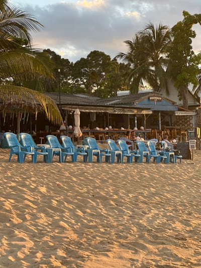 This image captures a scene at Moonhut Bungalows on Mae Nam Beach in Baan Mae Nam, Thailand. In the foreground, a row of bright blue plastic beach chairs sits on the sandy shore. Behind the chairs is a low-rise building with a covered outdoor seating area, likely part of the resort. Palm trees are visible throughout the scene, with the fronds of one reaching into the upper left corner of the frame. The sky above is cloudy with patches of golden light, suggesting it is either sunrise or sunset. Several people are visible in the background, seated at tables within the covered area of the building. One person is seated in a chair in front of the building, looking towards the water. The overall impression is a relaxed beachfront setting.