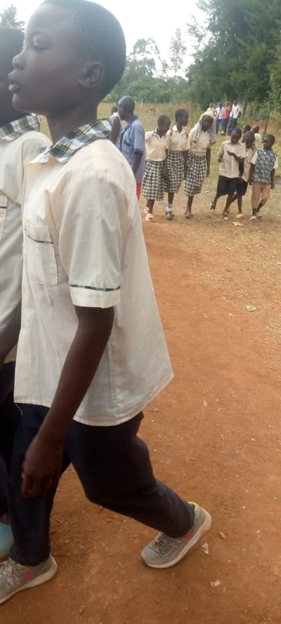 The image depicts a group of children in school uniforms walking on a dirt road in Malava, Kenya. The children are wearing white shirts with plaid collars and black pants. They are walking in a line, with the person in the front of the line looking straight ahead. The person in the back of the line is looking to the side, and they are the subject of the image. They are wearing a white shirt, black pants, and grey shoes. The ground is dirt and there is dry grass on the ground. Trees are in the background, and the sky is cloudy. The image was taken in a rural area. The coordinates are (latitude: 0.53, longitude: 34.811).