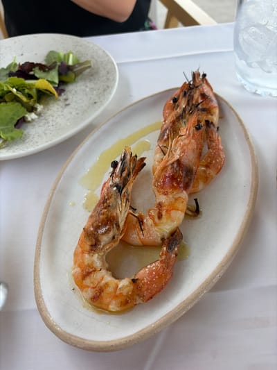 This media file shows a close-up view of a table setting, likely at a restaurant. The main focus is on a serving of three grilled prawns arranged in a curved fashion on an oval, off-white ceramic plate. The prawns are pinkish-orange with visible grill marks and some browning. They are lightly coated in a yellowish sauce, possibly olive oil or a light dressing.
To the left of the main plate, a portion of a smaller, similarly styled bowl is visible. This bowl contains a small green salad with mixed greens, some purple leaves, and what appears to be crumbled white cheese.
The table is covered with a white tablecloth, and a glass containing ice is partially visible in the upper left corner. A portion of a person's arm wearing dark clothing is visible on the left side of the frame, suggesting someone is seated at the table. The lighting appears to be natural, indicating daytime. The overall scene evokes a leisurely meal, likely in an outdoor or well-lit indoor setting. No visible text is present in the image. The location context provided suggests this scene takes place in the Kassandra Municipal Unit, Greece, which aligns with the Mediterranean cuisine aesthetic suggested by the grilled prawns and fresh salad.