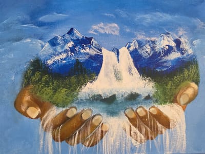 The image is an acrylic painting of a mountain landscape held in two cupped hands. The landscape includes snow-capped mountains, evergreen trees, and a waterfall cascading into a lake. The hands are painted in brown tones with light-colored fingernails. The background is a light blue sky with clouds. The waterfall flows through the hands. The city of 's-Hertogenbosch, Netherlands is not depicted in the image.