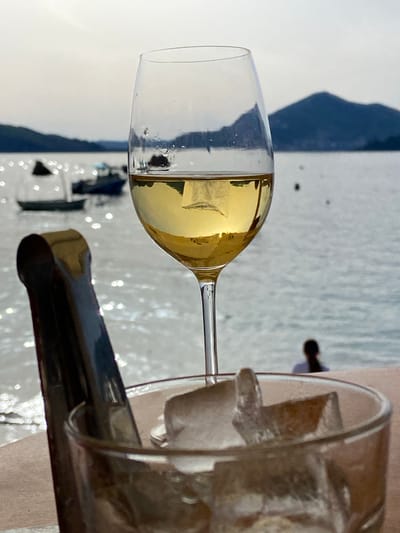 The image depicts a glass of white wine beside a glass filled with ice. Ice tongs rest on the edge of the ice-filled glass. The background shows a body of water with boats and a hilly shoreline, identifiable as Pržno, Montenegro. The photo is taken outdoors, likely on a table. There are no people visible directly, but the placement of the drinks suggests human presence.
