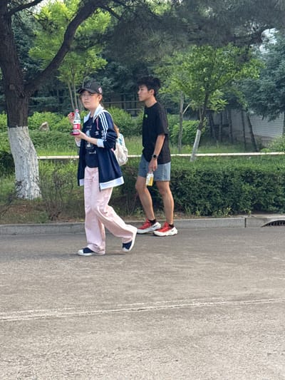 In Zhongtun, China, two individuals walk along a paved surface adjacent to a grassy area bordered by a hedge. On the left, a person wearing a black baseball cap, glasses, a dark blue jacket with white stripes, and pink trousers, walks while holding a clear plastic bottle with red liquid and a white cap, and a red object. They are also carrying a white backpack. To their right, a person in a black t-shirt and blue shorts walks, holding a clear plastic bottle with yellow liquid and a yellow cap. Both individuals are wearing athletic shoes. Trees and foliage form the background.