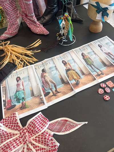 This media file showcases a flat lay composition on a dark, textured surface, likely a table, suggesting an indoor setting. The primary subjects are several photographs laid out in a strip, each depicting a person in various fashion poses. The photographs are arranged vertically, creating a sense of a collage or mood board.
Objects present include a wooden hat form adorned with a teal ribbon and a tag, a black stiletto shoe, a metal rack holding colorful fabric scraps, a bunch of dried straw, a smartphone, and decorative round buttons with red and white patterns. A large, intricately tied bow made of red and white patterned fabric, resembling a keffiyeh, is prominently placed on the right side of the frame. Another similar patterned fabric is wrapped around what appear to be two sculptural leg forms, suggesting a crafting or design project.
The photographs show individuals in different outfits, with one person wearing a white outfit, another a green top and patterned pants, and a third in a yellow polka dot skirt and a cutout top. The poses are dynamic and fashion-forward. The background in the photographs appears to be a room with wooden flooring and light-colored walls, possibly a studio or indoor space.
Notable details include the artistic arrangement of materials, suggesting a creative process such as fashion design or costume creation. The presence of fabric scraps, a hat form, and shoes hints at a design or styling activity. The lighting suggests it is daytime, possibly indoors with artificial or natural light. No specific time of day, weather, or strong emotions are conveyed.
There are several visible text elements. The tag on the hat form has handwritten text in English. The ribbon on the hat form has some text printed along its length, in what appears to be Arabic script. The postage stamp-like objects in the upper right corner of the photograph strip also feature some graphic text.