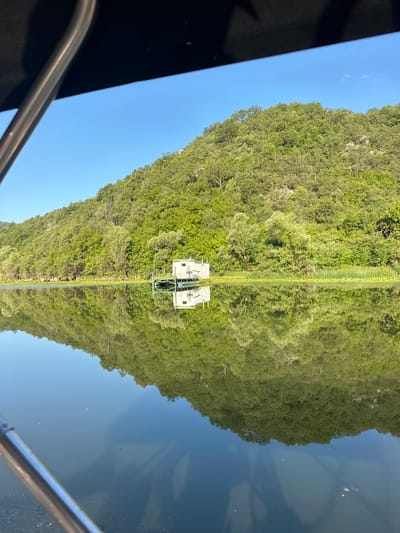 The image depicts a serene lakeside scene in Riječani, Montenegro. The foreground is dominated by the calm, reflective surface of a body of water, with the blurred metallic structure of a boat's railing visible along the bottom left. In the middle ground, a small, white, stilted building stands on the water's edge, surrounded by lush green vegetation. This building appears to be a simple structure, possibly a fishing hut or a small dwelling.
Behind the building, a densely forested hill rises steeply, its slopes covered in a vibrant green canopy of trees. The clear blue sky stretches above, unmarred by clouds. The water perfectly mirrors the hill and the building, creating a symmetrical and tranquil composition. The presence of lily pads or similar aquatic plants is noted along the water's edge, further enhancing the natural beauty of the location. The overall atmosphere is one of peace and natural splendor.