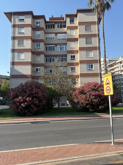 This is a vertical, eye-level shot of a residential building and a street in Motril, Spain. The building is several stories high and features a light-colored brick facade with brown horizontal stripes. Many windows are visible, some with white shutters and others with reflective glass. In front of the building, a large bush with pink flowers is in bloom, and a tree with sparse foliage stands nearby. A palm tree trunk is visible on the left side of the image, extending upwards out of frame.
A street runs alongside the building, bordered by a brick sidewalk and a strip of grass. A yellow triangular warning sign with a black border is mounted on a pole. The sign displays the word "ATENCIÓN" (Attention) in black text, a symbol of uneven road surface, and a red circle with the number "30" inside, indicating a speed limit of 30 km/h. The sky is clear and blue, suggesting it is daytime, likely morning or afternoon given the sunlight casting shadows. The overall impression is one of a quiet urban or suburban residential area on a pleasant day. There is no visible activity or people in the scene.