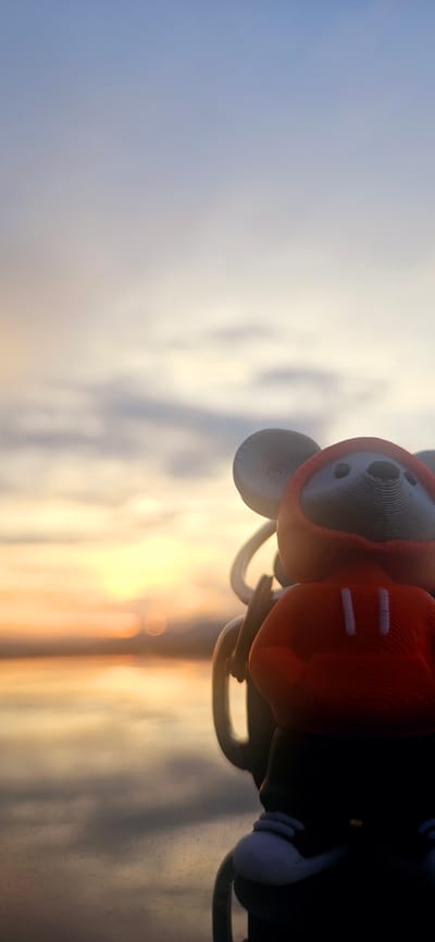 A close-up, vertical, low-angle shot focuses on a small, cartoonish figure wearing a red hoodie with white stripes, positioned in the foreground against a blurry, sunset-lit sky and body of water. The figure, which appears to be a mouse or similar character, is black with large, circular grey ears and a grey face with black eyes. It is attached to a grey keychain loop. The background features a gradient sky transitioning from pale blue at the top to warm orange and yellow hues near the horizon, with soft, diffused clouds. A calm body of water with reflections of the sky occupies the lower portion of the image. The overall scene has a soft focus and warm, ethereal lighting, suggesting an outdoor setting at dusk. There is no identifiable indication of the location being the city of Momin Prohod, Bulgaria.