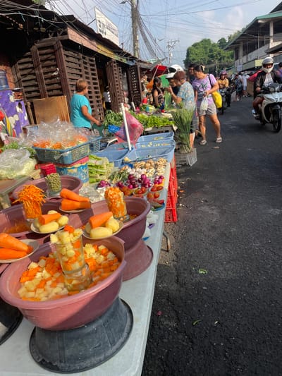 The image depicts a bustling outdoor market scene in Davao City, Philippines, specifically on a street lined with vendors selling fresh produce. In the foreground, a stall displays an abundance of vegetables, including carrots, potatoes, onions, and tomatoes, arranged in various containers and platters. Some vegetables are chopped and displayed in glasses, suggesting they are prepared for immediate consumption or cooking. A woman in a blue shirt stands behind the stall, presumably a vendor.
Further back, the market extends along the street, with more vendors and customers. People are seen walking and interacting, with some riding motorcycles. The environment is characteristic of a tropical climate, with a bright sky and visible power lines overhead. The buildings lining the market appear to be a mix of simple structures and more permanent shops, some with corrugated metal roofs. The street itself is paved, with evidence of traffic and pedestrian activity. The overall atmosphere is one of lively commerce and everyday life in a Filipino market.