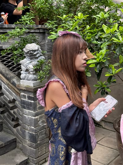 A young woman with long brown hair is holding a smartphone in her right hand. The time displayed on the screen is 17:27. She is wearing a pink and navy blue dress with frilly pink edges and a matching pink headband. She is standing outdoors, and there is a green plant next to her. Behind her is a gray brick wall and a stone sculpture that appears to be an animal-like figure. In the background, a portion of another person's legs is visible. An additional person partially visible in black is on the bottom left corner. The location is Yuzhong District, China.
