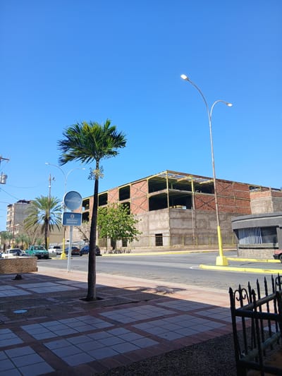 The image depicts a street scene in Juan Griego, Venezuela. The sky is clear and blue. A palm tree emerges directly from the tiled sidewalk. Behind the tree is a commercial building under construction with visible scaffolding and exposed brickwork. Street lamps and bank signs are visible alongside parked cars. The sidewalk is tiled with alternating shades of light and dark brown. The camera is at street level, capturing a slice of urban life in the city.