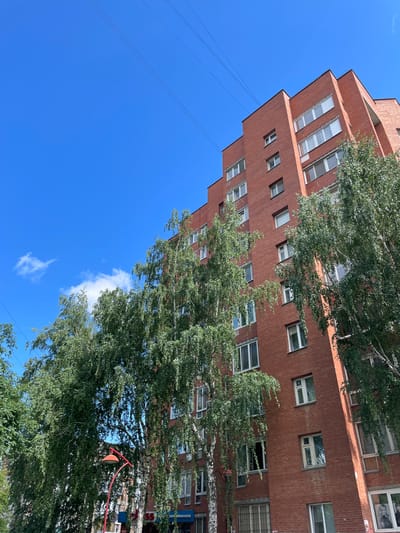 This is an eye-level, medium-shot, downward-angled photograph taken on a sunny day in Perm, Russia. The subject is a tall, multi-story brick apartment building with a modern, somewhat angular design. The building is predominantly made of reddish-brown brick and features numerous windows, many of which are white-framed. Trees with lush green foliage are positioned in front of and around the building, obscuring parts of it. The sky is a clear, bright blue with a few small white clouds. Several thin black wires, likely power or communication lines, stretch across the sky and near the building. The overall scene conveys a sense of urban life on a pleasant day. There is some visible text on the building, though it is partially obscured by trees and difficult to read clearly. One sign appears to have Cyrillic lettering.