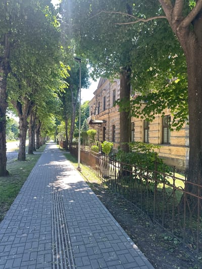 The image shows a tree-lined pedestrian walkway made of interlocking pavers in Liepāja, Latvia. The walkway is bordered on the right by a rusty metal fence and a yellow building with a classical facade, featuring prominent window frames and decorative stonework. To the left of the walkway is a grassy area with mature trees casting dappled shadows. The trees have dense green foliage. The sky is bright and sunny, with some lens flare visible in the upper left corner. There are no people visible in the image. The scene appears to be a public space in a city, likely a residential or administrative area due to the presence of the building and the well-maintained walkway. The presence of tactile paving on the walkway suggests it is accessible to visually impaired individuals.