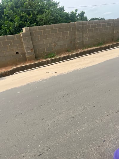 The media file shows a close-up, high-angle shot of a roadside in Ikorodu, Nigeria. The scene is divided into two main areas: a paved road and a concrete block wall. The road is asphalt, with patches of lighter colored material, possibly gravel or sand, along its edge. The concrete block wall is constructed from grey cinder blocks and appears to be a boundary to a property. Lush green trees are visible behind the wall, suggesting an outdoor, natural environment. A narrow strip of dry soil and sparse vegetation runs between the wall and the road. The lighting suggests it is daytime, with the sun casting shadows, though the weather is not clearly indicated. There is a dark, irregular stain or mark on the lighter colored portion of the road. The image is rotated, with the wall on the left and the road extending to the right and diagonally away from the viewer. No people or specific activities are depicted.