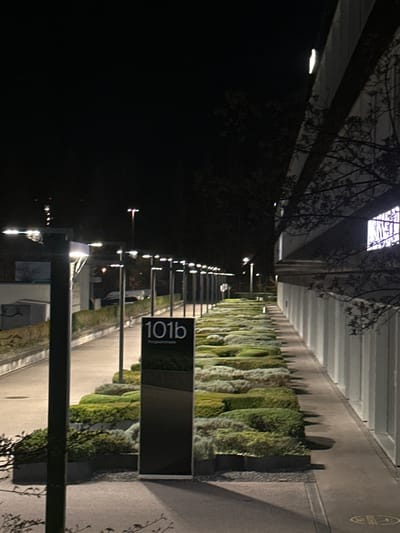 The image shows a street scene at night in Glattbrugg, Switzerland. A signpost with the inscription "101b Thurgauerstrasse" is visible. A row of street lights extends into the distance along a path lined with shrubbery. A building is visible to the left, partially obscured by trees. The scene appears to be outside, along a pedestrian walkway.
