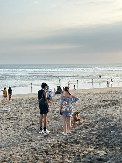 The image depicts a beach scene at sunset in North Kuta, Indonesia. The sky is overcast with soft, diffused light. The ocean has moderate waves breaking on the shore. Numerous people are present on the sandy beach, some walking, others sitting or standing in the shallow water. In the foreground, a man wearing black shorts and a black sleeveless shirt, with a green bag slung across his chest, stands facing away from the camera. To his right, a woman in a blue and white checkered dress with off-the-shoulder sleeves, carrying a patterned bag, stands with her back to the viewer. Two dogs are near the woman, one is light brown and the other is darker brown and appears to be playing. Other individuals and groups are scattered across the beach and in the water. The sand is a mix of light brown and grey, with some scattered debris including plastic waste.