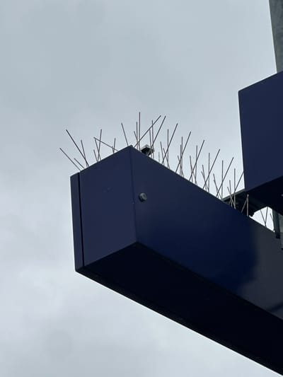 The image shows a close-up, low-angle view of a dark blue, angular structure, possibly part of a building or sign, with numerous thin metal spikes protruding from its edges and surfaces. These spikes, commonly known as bird spikes, are designed to deter birds from landing or perching. The structure appears to be mounted outdoors, with a bright, overcast sky filling the background. The lighting suggests it is daytime, likely a cloudy or hazy day, as there are no harsh shadows. The scene is devoid of people or any discernible activity, focusing solely on the anti-bird deterrents and the architectural element they are attached to. The overall impression is one of a functional, urban or public space where bird control is a concern. There is no visible text in the image. The location context provided is Bad Blankenburg, Germany.