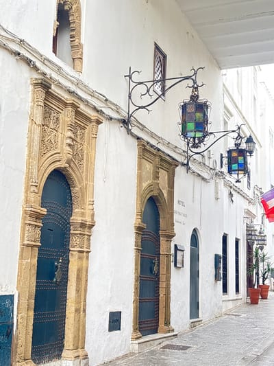 An upward perspective showcases a narrow alley with whitewashed buildings. Elaborate, arched doorways with dark blue doors stand out. Decorative stonework frames the entrances. Wrought iron lamps with stained-glass panels hang along the wall, intertwined with visible electrical wires. Higher up, windows vary in shape and size. A small flag and potted plants adorn a balcony, adding a touch of color to the monochrome scene.