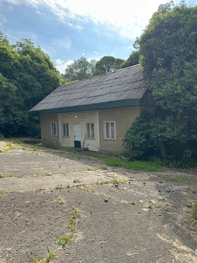 A single-story, abandoned building with a corrugated metal roof stands on a paved area in Sochi, Russia. The building's facade is a combination of light-colored siding and stucco, with several windows and a white door. The surrounding area is overgrown with trees and vegetation, and the paved surface shows signs of disrepair, with cracks and weeds growing through. The sky is partly cloudy, suggesting it is daytime. There are no people or animals visible in the scene.