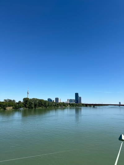 A wide-angle, vertical shot captures a serene daytime scene along a body of water, likely a river, with a city skyline in the distance. The sky is a clear, vibrant blue, taking up the left two-thirds of the frame. On the right, the calm water reflects the sky and the distant landscape. The water appears a muted greenish hue, with subtle ripples creating texture.
Along the far bank of the water, a dense line of lush green trees forms a natural border. Behind the trees, a modern city skyline rises, characterized by several tall, contemporary buildings. Towards the left of the skyline, a distinctive observation tower with a pointed top and a flag is visible. The scene is illuminated by bright daylight, suggesting a clear and sunny day. The overall mood is peaceful and expansive, with a sense of urban life nestled within nature. A white lamp post with a green light fixture extends into the frame from the top right corner, and a thin white line, possibly a cable, stretches across the water. No people are visible in the image. The location is identified as Vienna, Austria.