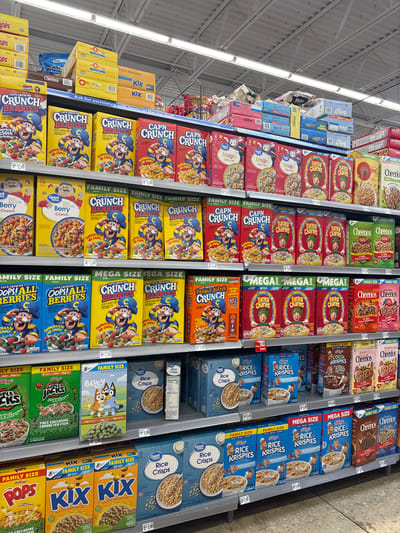 The image shows a well-stocked cereal aisle in a grocery store. The shelves are filled with various brands and sizes of cereal boxes, including Cheerios, Lucky Charms, Cap'n Crunch, Rice Krispies, Kix, and Apple Jacks. The cereals are neatly arranged, with multiple boxes stacked on each shelf. The aisle appears to be well-lit, and the shelves are lined with price tags. While the image does not confirm the city, the store is located in the United States of America as identified by the presence of US-specific cereal brands and packaging. The location in the city of San Antonio, United States of America cannot be confirmed from the image.