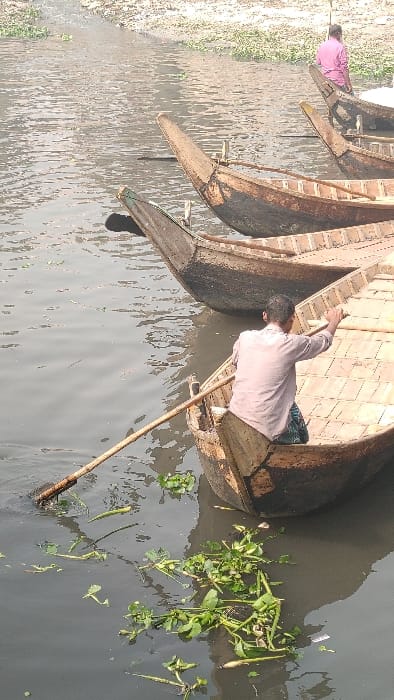 Several wooden boats line a waterway. One boat holds a man wearing a light-colored shirt, using a long pole to maneuver. The water is slightly murky, and aquatic vegetation floats near the edge of the boat. The bank of the waterway is visible in the background, with vegetation along the shoreline.