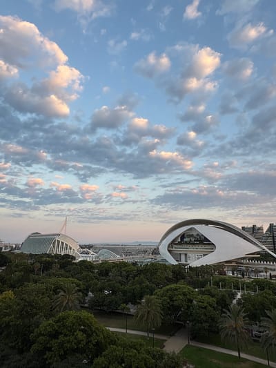 This image captures a view of the City of Arts and Sciences in Valencia, Spain, under a partly cloudy sky. The foreground is dominated by lush green trees, including palm trees, and pathways with park benches. In the mid-ground, two prominent architectural structures of the City of Arts and Sciences are visible. On the left is the Palau de les Arts Reina Sofía, characterized by its white, skeletal-like structure and a large glass dome. To its right is the Hemisfèric, a distinctive eye-shaped building with a white, curved roof. Behind these structures, more of the complex's modern architecture and distant city buildings can be seen. The sky above is a light blue with scattered clouds, some tinged with pink and orange hues from the setting or rising sun. There are no people or specific actions depicted. The environment is urban, with a focus on the iconic architecture and surrounding parkland.