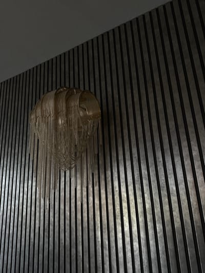 An eye-level, medium shot shows an interior wall with horizontal metal slats. The wall is dark and has a metallic sheen. On the left side of the wall, an adjacent white wall is visible at an angle. A sculptural, metallic, sphere-like object with trailing chain-like strands is attached to the slatted wall. The photo was taken indoors, potentially in Marneuli, Georgia.