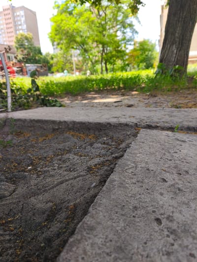 The image depicts a low-angle view of a concrete pathway in an urban park or green space. The pathway is cracked and uneven, with small yellow debris, possibly fallen leaves or flower petals, scattered across its surface. To the left of the pathway, a white pole is visible, and beyond that, blurred green foliage and some discarded branches. In the background, a tall building with visible windows stands out against a bright, possibly sunny sky, suggesting daytime. To the right of the pathway, the textured bark of a large tree trunk is prominent, with lush green grass and trees forming a soft, out-of-focus backdrop. The overall scene conveys a sense of an outdoor, possibly residential or public area, during fair weather. There is no visible text.