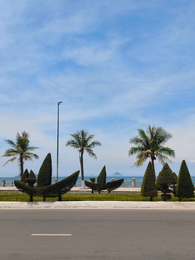 This is a vertical, eye-level, medium shot of a coastal road in Nha Trang, Vietnam. The scene captures a well-maintained roadside with manicured topiaries and palm trees. A grey asphalt road with a white line marking is in the foreground. Behind the road is a strip of green grass bordered by a white concrete curb. Beyond the grass, a row of intricately shaped dark green topiaries are visible. Behind the topiaries, a body of water, likely the sea, stretches across the background. In the distance, several palm trees stand tall, with a single light post positioned between two of them. The sky is a pale blue with scattered white clouds. On the far horizon, a conical island or mountain is faintly visible. No people are present in the image. The overall impression is one of a serene and picturesque coastal urban environment.