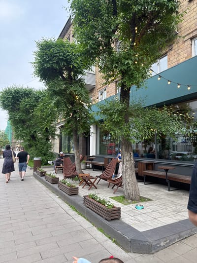 The image depicts a street scene in Krasnoyarsk, Russia, featuring an outdoor seating area for a cafe or restaurant, likely "Bloom Coffee" as indicated by signage visible through the large window. The cafe appears to be situated along a sidewalk, with trees providing shade.
In the foreground, a paved sidewalk leads towards the cafe. Two individuals are walking away from the camera on the sidewalk; one is a woman wearing a dark floral dress and the other is a man in a black t-shirt and denim shorts.
Adjacent to the sidewalk is a raised planter area with wooden boxes containing white flowers. Beyond this, an outdoor seating area is set up with several wooden lounge chairs and small tables. One person is seated in a lounge chair, wearing a white cap and dark clothing, with a cup on the table beside them.
The cafe itself has a large glass window that reflects the surroundings, including trees and some interior elements. String lights are visible, both draped across the trees and along the facade of the building, suggesting the area is illuminated in the evening or on an overcast day, as indicated by the dull sky. The building behind the cafe is a multi-story structure with a brick facade.
In the lower right corner, a portion of a person's arm and shoulder is visible, indicating they are standing and facing away from the camera, possibly observing the scene. A turquoise dog bowl with a metallic rim is placed on the tiled ground near a tree in the outdoor seating area. Further down the sidewalk, another person's arm and hand are visible, possibly indicating a child or an adult gesturing.