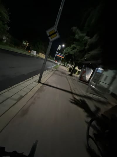 The media file depicts a street scene at night, likely in Plovdiv, Bulgaria. The perspective suggests it was captured from a moving vehicle, possibly a bicycle, given the blur and low angle. 

The **scene** is dimly lit, with artificial lights casting reflections on the wet asphalt. A **sidewalk** with a patterned texture runs along the right side of the frame. To the left, a **street** is visible, also wet and reflecting light. Beyond the street, there are **trees** and the indistinct outlines of **buildings**. A **street sign** with a yellow and black symbol is prominent in the lower left quadrant. In the background, a **building with large windows** and an illuminated interior is partially visible, hinting at a commercial establishment or residence. A **traffic light** or similar illuminated sign is also present in the distance. 

The **activity** appears to be transportation through an urban or suburban environment at night. The **time of day** is clearly night, and the wet surface suggests recent **weather** conditions might have been rainy. There are no discernible **people** or specific **emotions** conveyed due to the low resolution and motion blur. The overall **atmosphere** is quiet and nocturnal. No visible **text** is legible.
