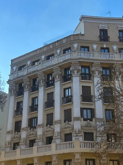 An angled view of a light-colored building featuring multiple stories and numerous windows. The facade is adorned with decorative elements and columns, creating a distinct architectural style. A clear sky is visible in the background, contrasting with the intricate details of the building's exterior. Bare branches are present in the upper right.