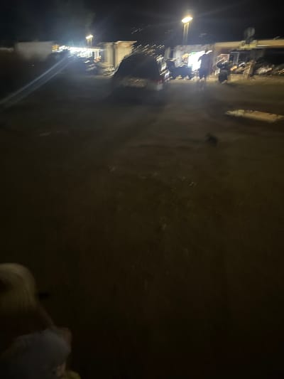 The image depicts a blurry nighttime scene in Boreti, Montenegro. The overall composition is dark, with streaks of light suggesting movement and low light conditions. In the left portion of the frame, there is a row of illuminated buildings or stalls, possibly part of a promenade or a market. Several figures, appearing as indistinct shapes, are visible in front of these structures, suggesting a gathering of people. A prominent streetlight illuminates the scene with a bright yellow glow. The right side of the image is dominated by a dark, textured surface, possibly a road or pavement, with a few scattered lighter specks that could be debris or reflections. In the bottom right corner, a light-colored, fuzzy object is visible, which could be the back of a person or an animal, also blurred due to motion. The time of day is clearly night, indicated by the artificial lighting and the darkness. The weather is not discernible from the image. The setting appears to be a public area, potentially a waterfront or a lively street at night. There is no visible text in the image. The blurriness prevents detailed observation of emotions or specific activities, but the presence of multiple figures suggests a social environment or an event.