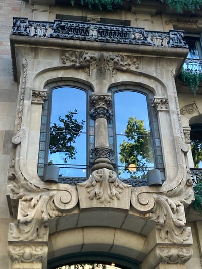This is a close-up, vertical, eye-level shot of ornate stone architecture, likely a building facade in Barcelona, Spain. The main subjects are two large, oval windows with dark metal frames. The windows reflect a clear blue sky and the leafy branches of trees, suggesting it is daytime. The stone is a light beige color and features extensive, intricate carvings, including swirling acanthus leaves, floral motifs, and grotesque faces.

The windows are set within a larger stone structure that has decorative moldings and supporting elements. To the left of the windows, a wrought-iron balcony railing is visible, with decorative scrollwork and intricate metal bars. Green foliage spills over the top of this balcony.

The architecture displays a style that is reminiscent of Art Nouveau or Modernisme, characterized by its organic forms and elaborate ornamentation. There are no people visible in the image, nor any specific activity taking place beyond the reflection of the natural environment in the windows. The time of day appears to be daytime, given the bright blue sky and sunlight casting subtle shadows on the stone. The overall impression is one of detailed craftsmanship and historical architectural beauty.