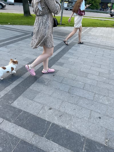 The image shows a partially cropped view of two young women walking on a stone-paved sidewalk. The woman in the foreground is wearing a leopard-print dress and pink clogs. She is walking her small dog, a Jack Russell Terrier, which is on a leash. The woman in the background is wearing a light-colored skirt and black sandals. She is carrying a burgundy-colored bag. The scene appears to be outdoors, possibly a city street or park, with a grassy area and some trees visible on the left side of the image. Cars are also visible in the background, suggesting a public area with traffic. The paving stones are arranged in a pattern, with alternating light and dark gray colors. The lighting suggests it is daytime, possibly late afternoon or early evening, given the shadows. There is no visible text in the image. The overall mood seems casual and relaxed, indicating a leisurely stroll.