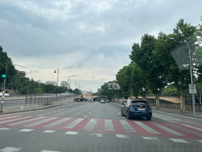 The image shows a view from a vehicle traveling on a multi-lane road in Tbilisi, Georgia. The road has a prominent pedestrian crossing with red and white stripes in the foreground. Several cars are visible on the road, including a blue Nissan Leaf in the right lane. Lined with mature trees, the road is bordered by a raised walkway with a metal railing on the left and a stone wall with trees on the right. In the background, an arched bridge spans the road, and beyond that, urban buildings and hills are visible. The sky is overcast with scattered clouds. A traffic light is visible on the left, showing a green signal. A traffic sign indicating restrictions for buses and trucks is present on the right side of the road. Construction cranes are also visible in the distance.