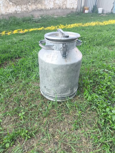 An aluminum milk can with a silver lid, two silver handles, and a silver latch sits on a patch of green grass in front of a weathered, off-white building with peeling paint. The building's foundation is visible at the bottom left of the frame, and to the right, a corrugated metal fence and two buckets, one yellow and one white, can be seen. The sun casts shadows across the grass, indicating it is either early morning or late afternoon. The scene is located in Қаратөбе ауылдық округі, Kazakhstan.