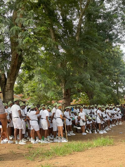 A large group of people, primarily young adults, are assembled outdoors in what appears to be an organized formation. They are uniformly dressed in white short-sleeved shirts, white shorts, white socks, and white sneakers. Many wear distinct light green berets or caps, characteristic of the National Youth Service Corps (NYSC) in Nigeria. They are arranged in rows, with some individuals sitting on the ground and others standing, all generally facing towards the left side of the frame.
The setting is an open-air environment with a light brown, earthy ground. Along the edge where the people are gathered, patches of green grass are visible. Dominating the left side of the scene are several large, mature trees with thick, green foliage, providing shade. The trunks and branches of these trees are prominent. The bright, natural sunlight suggests it is daytime.
The activity appears to be an outdoor gathering, possibly a briefing, training session, or assembly related to the NYSC program. Individuals in the crowd can be seen holding water bottles, and some are looking at mobile phones. The overall atmosphere seems to be one of structured participation. The location is Ise - Ekiti, Nigeria. There is no clearly visible text in the image.