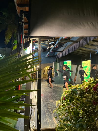 The image shows a performance taking place on a wooden stage at night, likely in Porlamar, Venezuela, given the presence of tropical palm trees and foliage. Five individuals, dressed in black uniforms with hats, are engaged in a choreographed dance. The performers have their arms outstretched and appear to be in motion, with some of them kicking their legs up. Two large, vertically oriented screens displaying abstract green and yellow patterns are positioned behind them on the stage. The stage itself is lit by overhead lights and the glow from the screens. In the foreground, a lush green plant with some pink flowers partially obscures the view of the performance. The background reveals the dark sky, with the silhouette of a palm tree and other foliage visible on the left side of the frame. The overall scene suggests an outdoor or semi-outdoor venue, possibly a restaurant or entertainment area, with a performance in progress.