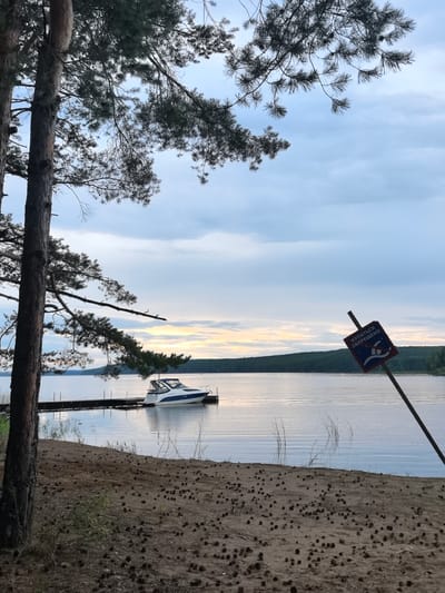 The image depicts a serene lakeside scene at dusk, likely in Chaykovsky, Russia. A small, white and blue motorboat is docked at a wooden pier on the left side of the frame. Tall pine trees with dark green needles frame the left and top portions of the image, their branches reaching towards the sky. The lake itself is calm, reflecting the muted colors of the sky.
In the background, a dense forest lines the opposite shore. The sky is a canvas of soft grays and blues, with hints of warm orange and yellow peeking through the clouds near the horizon, indicating the sun is setting. The weather appears mild and tranquil.
In the foreground, a sandy shore is littered with numerous pine cones, suggesting a natural, somewhat wild setting. A tilted signpost is visible on the right, bearing text in Russian: "КУПАТЬСЯ ЗАПРЕЩЕНО," which translates to "SWIMMING IS PROHIBITED." A symbol of a swimmer within a red circle and a diagonal line indicates a ban on swimming.
The overall mood of the image is peaceful and contemplative, capturing the quiet beauty of nature at the end of the day. There are no people visible in the scene.