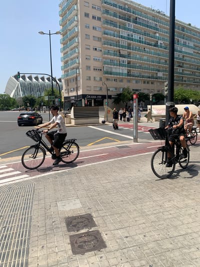 In Valencia, Spain, two individuals are riding bicycles on a paved urban street. The man in the foreground, wearing a white t-shirt and black shorts, is riding a black bicycle with a front basket. He is looking straight ahead, with a serious expression. Behind him, a younger person on a black bicycle, wearing a black t-shirt with white lettering and black shorts, is looking to their left. The street is lined with trees and buildings, including a tall, modern apartment building with numerous balconies. In the background, a distinctive futuristic building with a white, ribbed roof is visible, which is part of the City of Arts and Sciences. The scene is illuminated by sunlight, casting shadows on the ground. The street has pedestrian crossings with white stripes and tactile paving. There are also manhole covers on the pavement. Traffic lights and street lamps are also present. The overall atmosphere is that of a bright, sunny day in a bustling city.