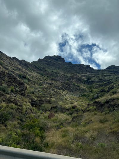 The image captures a steep, rocky hillside in Mogán, Spain. The slope is covered with sparse vegetation, primarily grasses and low-lying plants, clinging to the dark, volcanic rock. The sky is partly cloudy with patches of blue visible between the white and grey cloud formations. A glimpse of a grey metal guardrail is seen in the lower right corner, suggesting the image was taken from a roadside vantage point.
